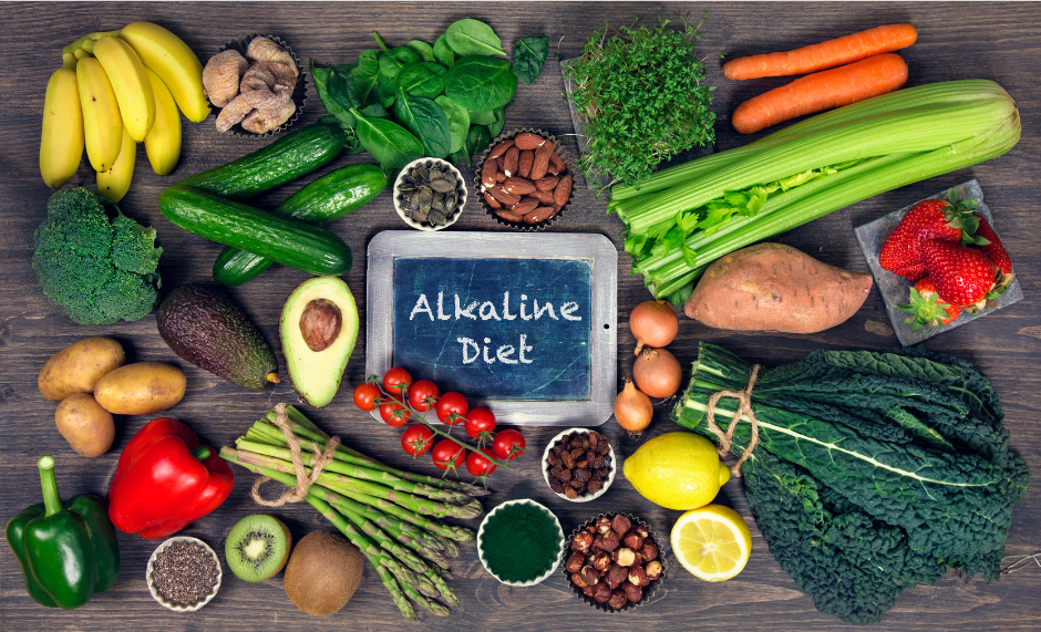 A sample of different foods commonly found in an alkaline diet