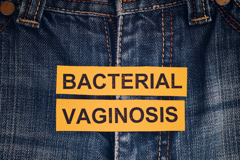 a photo of the zipper of denim jeans with the heading "Bacterial Vaginosis" superimposed on the photo